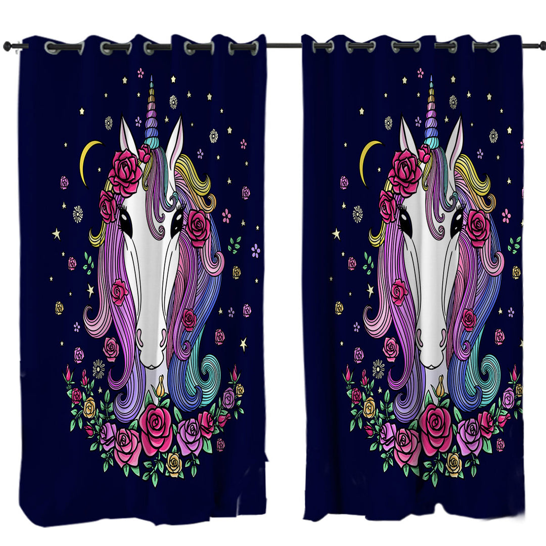 Rainbow Haired Unicorn and Roses Window Curtains