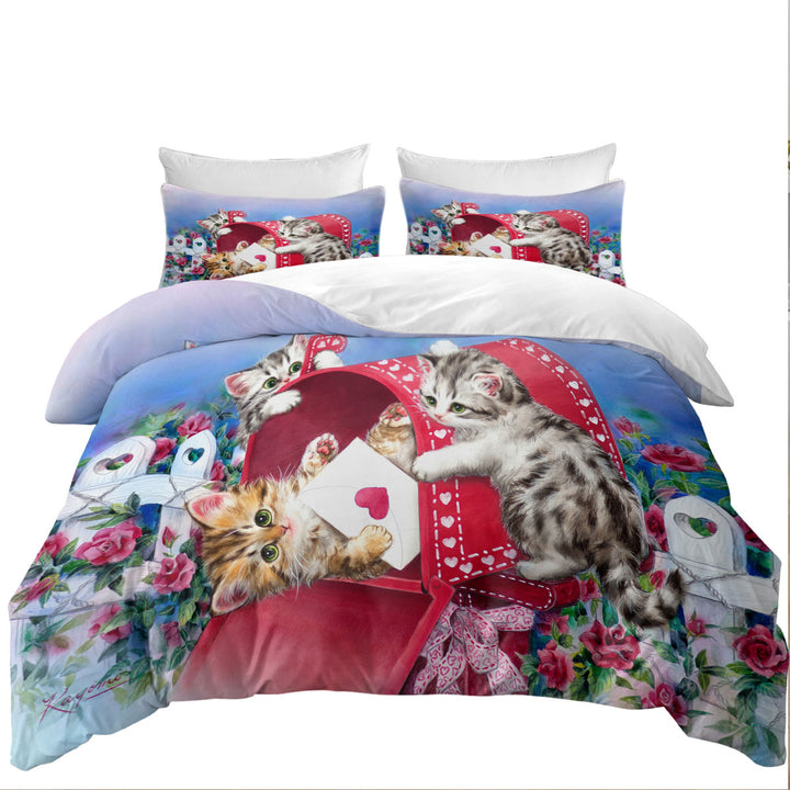 Red Mailbox and Roses Cute Sweet Kittens Duvet Cover set