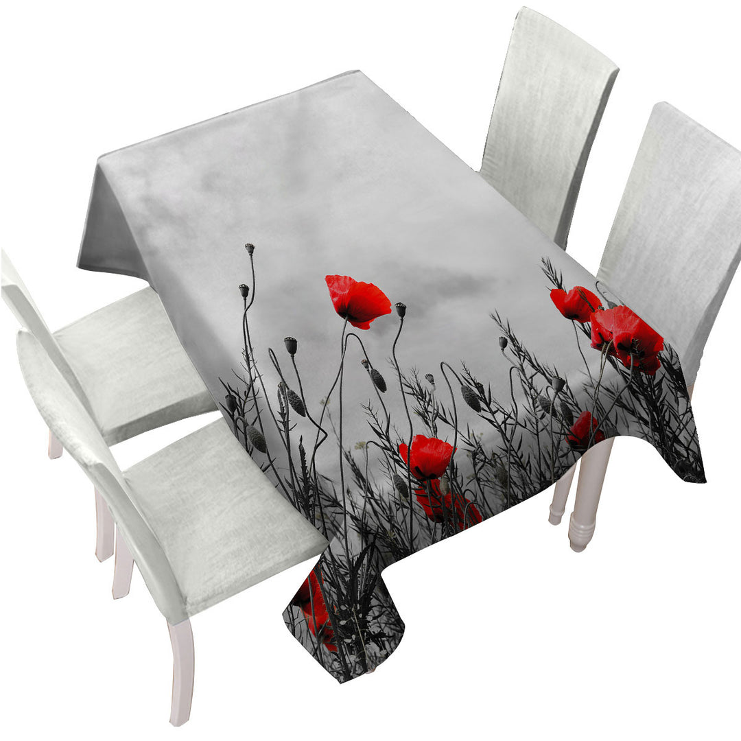 Red Poppies over Black and White Tablecloths