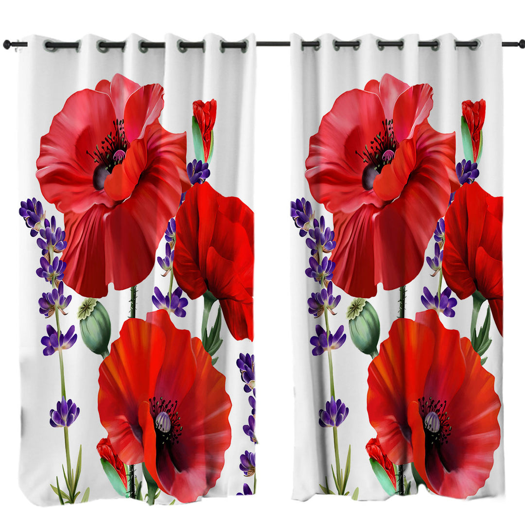 Red Poppy and Purple Lavender Flowers Window Curtains