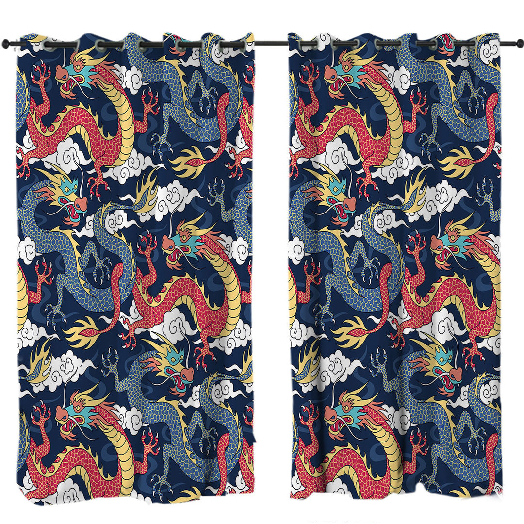 Red and Blue Chinese Dragons Curtain