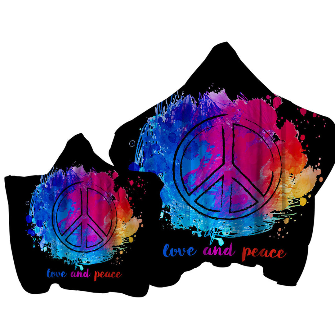 Reddish Blue Love and Peace Hooded Beach Towel