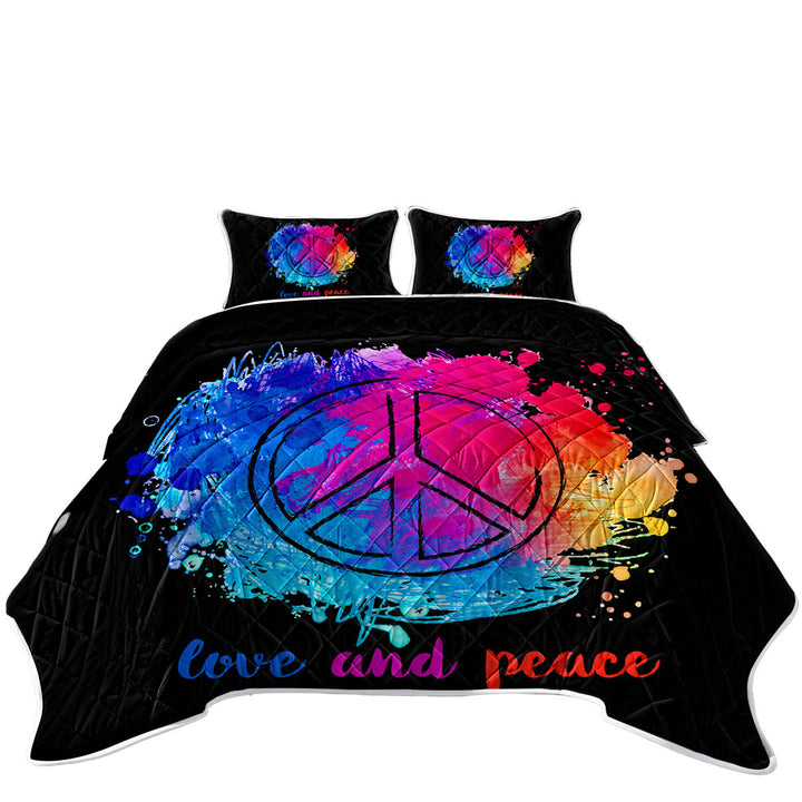 Reddish Blue Love and Peace Twin Quilt