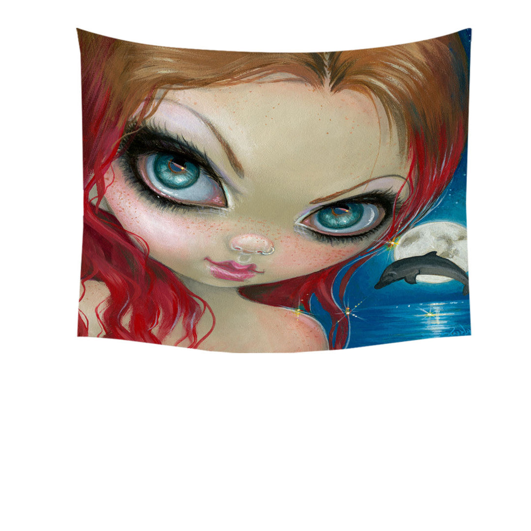 Redhead Wall Decor Faces of Faery _222 Cool Redhead Girl and Dolphin Tapestry