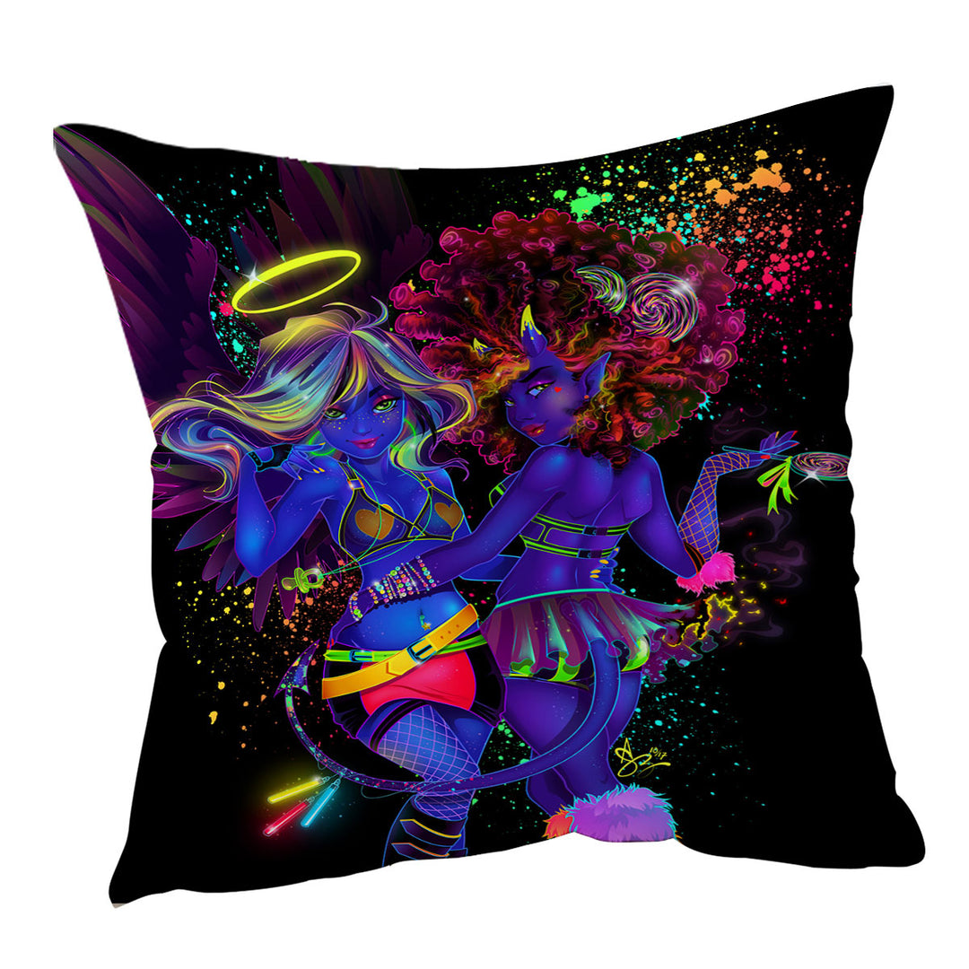 Retro Colored Throw Pillows Sexy Angel and Devil