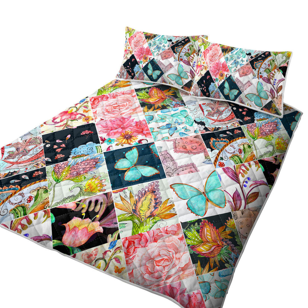 Rhombuses of Flowers and Butterflies California King Quilt Sets