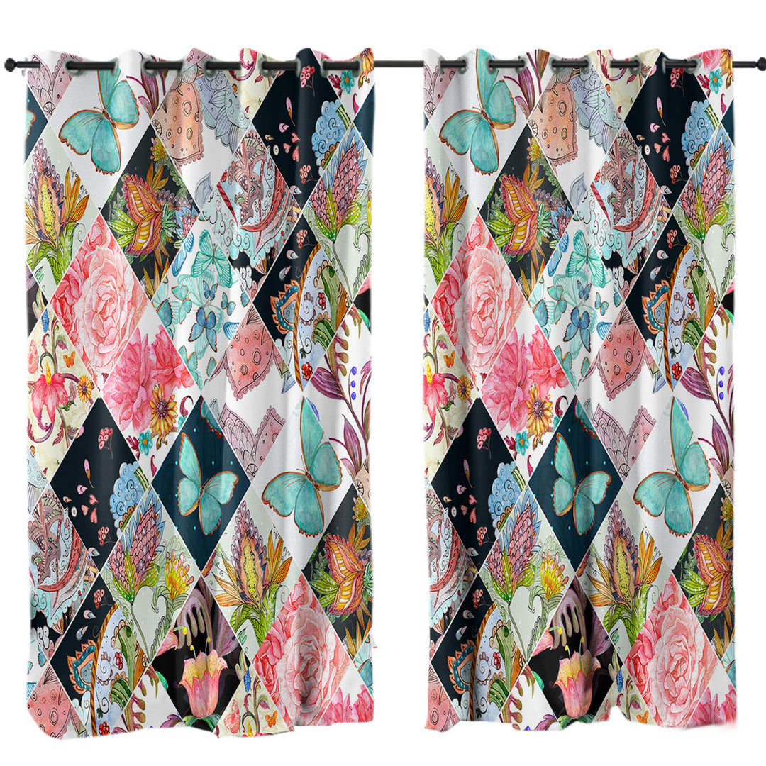 Rhombuses of Flowers and Butterflies Curtains for Bedroom