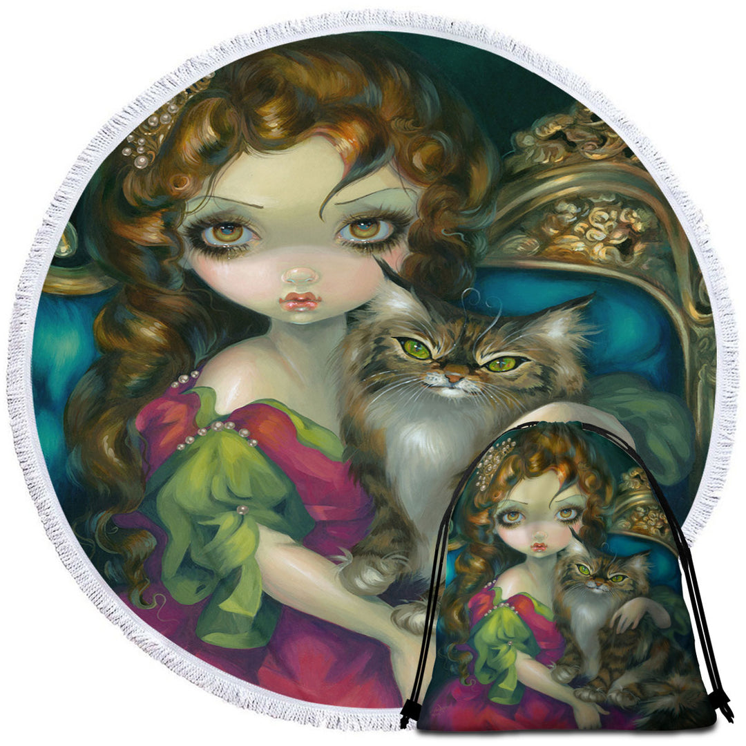 Rococo Portrait Princess With a Maine Coon Cat Beach Towels