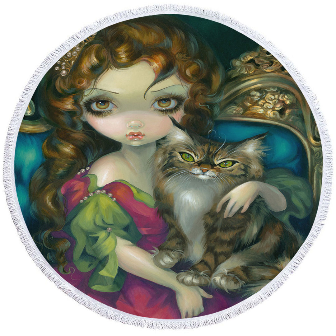 Rococo Portrait Princess With a Maine Coon Cat Circle Beach Towel