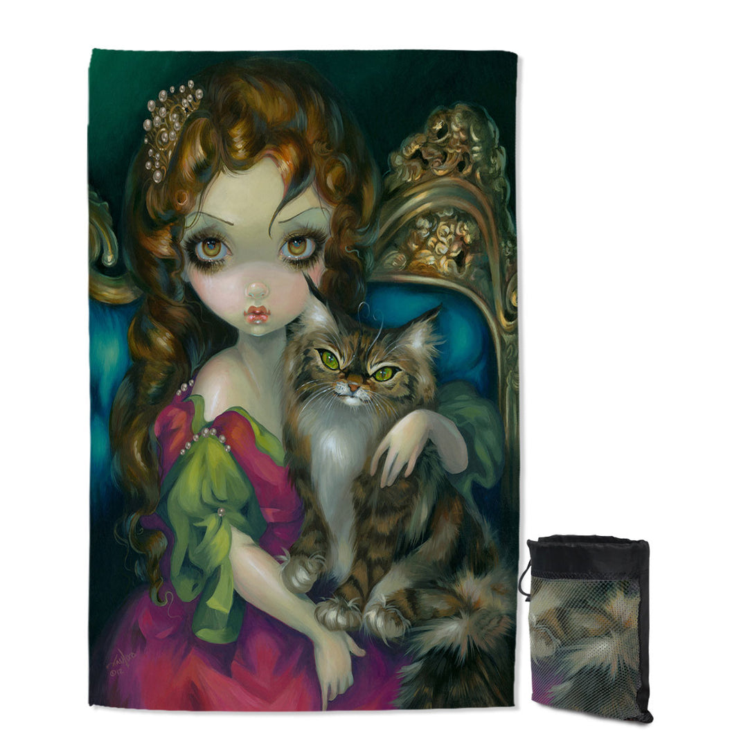 Rococo Portrait Princess With a Maine Coon Cat Quick Dry Beach Towel