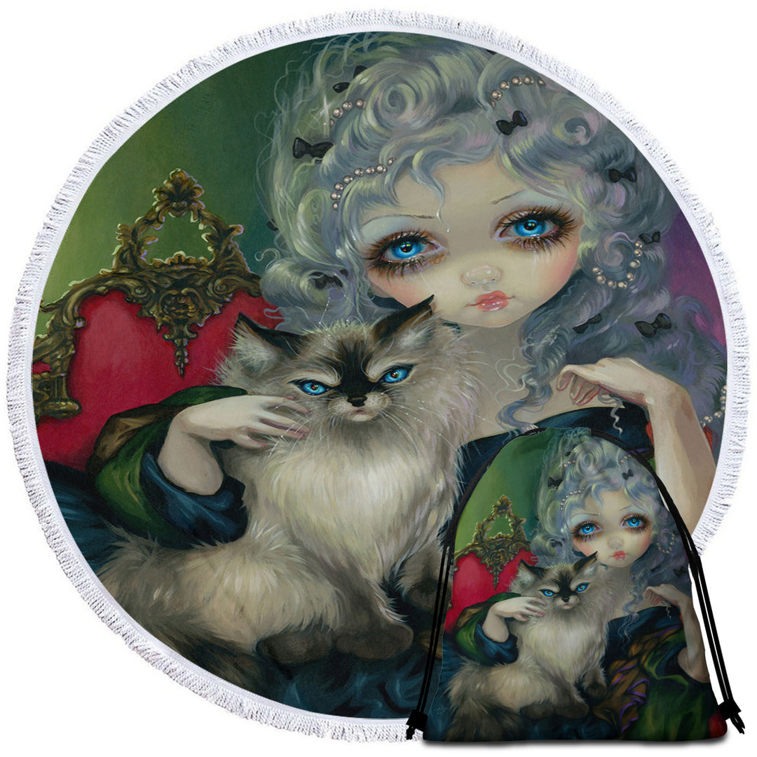 Rococo Style Beach Towel Portrait Princess with a Ragdoll Cat