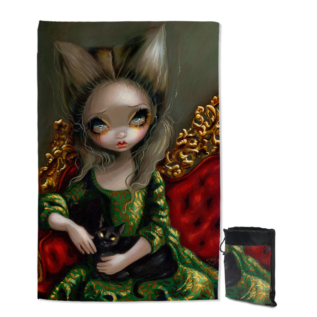 Rococo Travel Beach Towel Portrait style Princess with a Black Cat