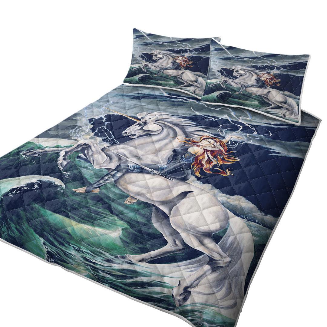 Rolling Thunder Ocean Unicorn and Female Warrior King Size Bedspreads
