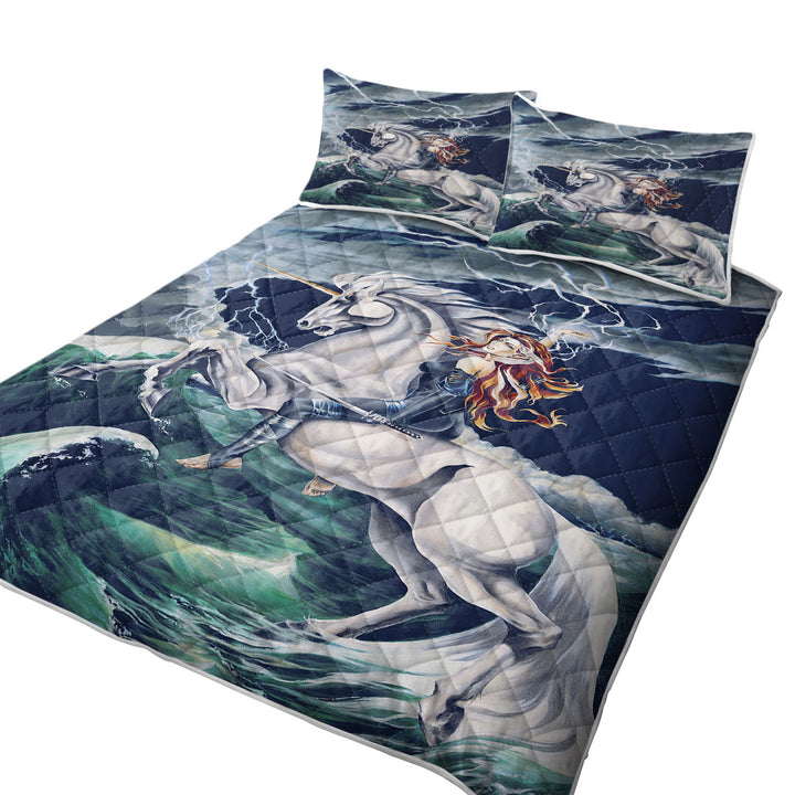 Rolling Thunder Ocean Unicorn and Female Warrior King Size Bedspreads