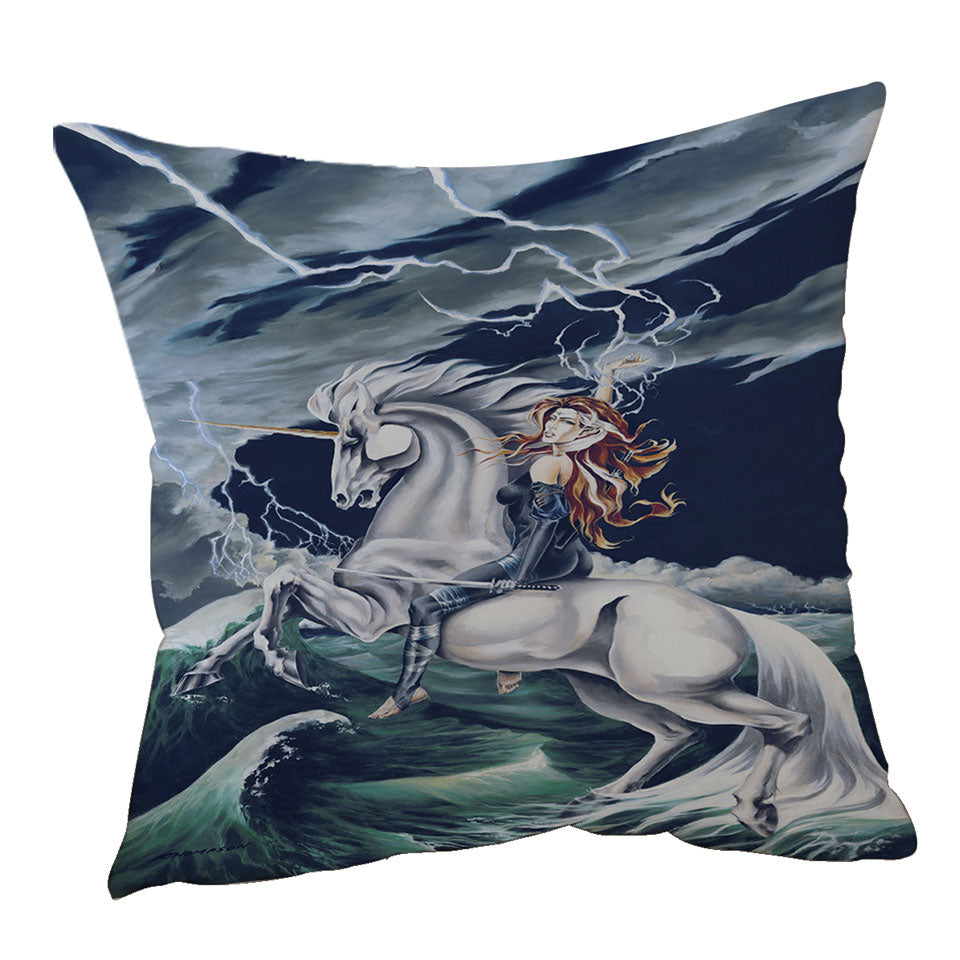 Rolling Thunder Ocean Unicorn and Female Warrior Pillow Cover