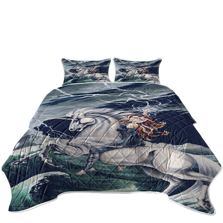 Rolling Thunder Ocean Unicorn and Female Warrior Summer Quilt