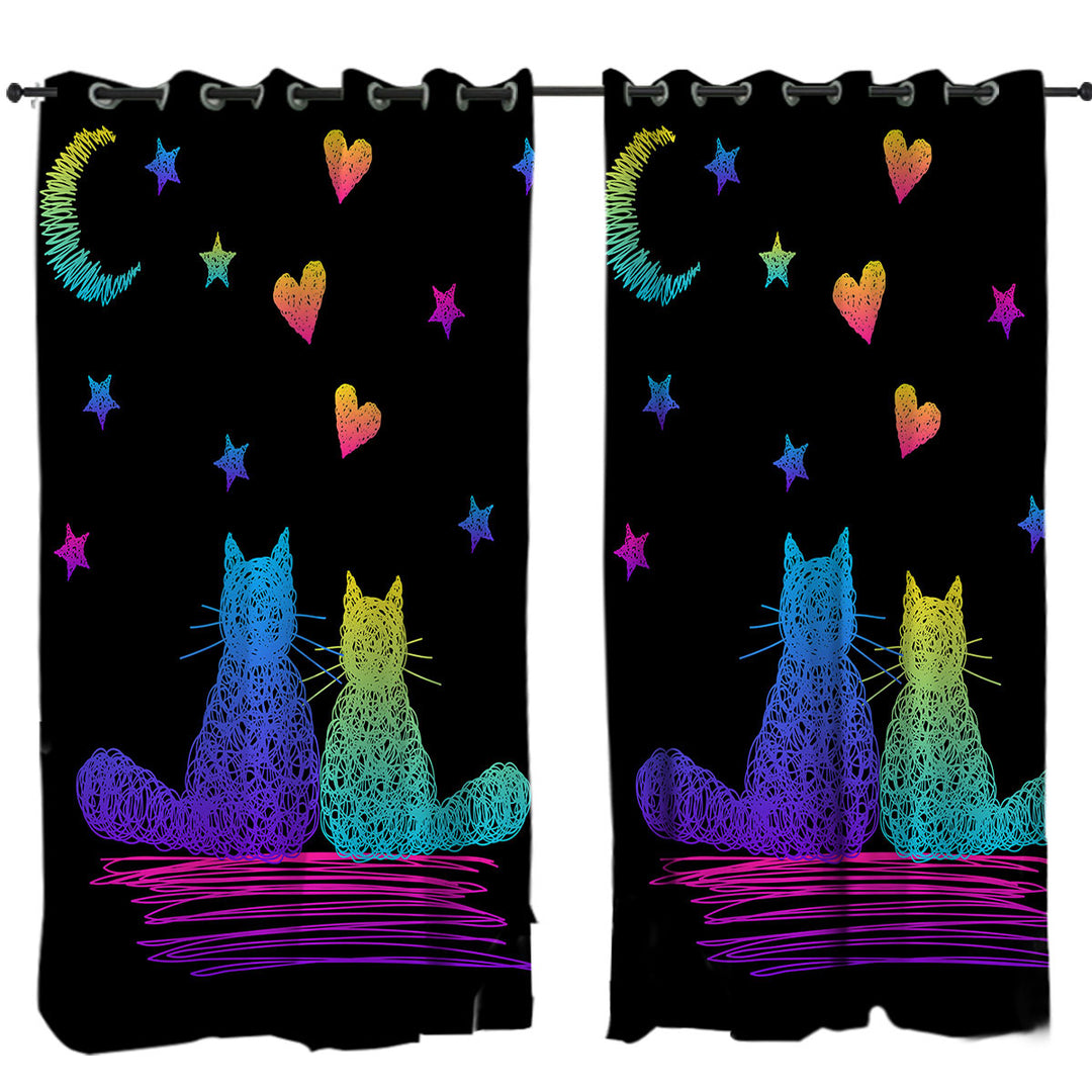 Romantic Cats Artistic Drawing Curtains
