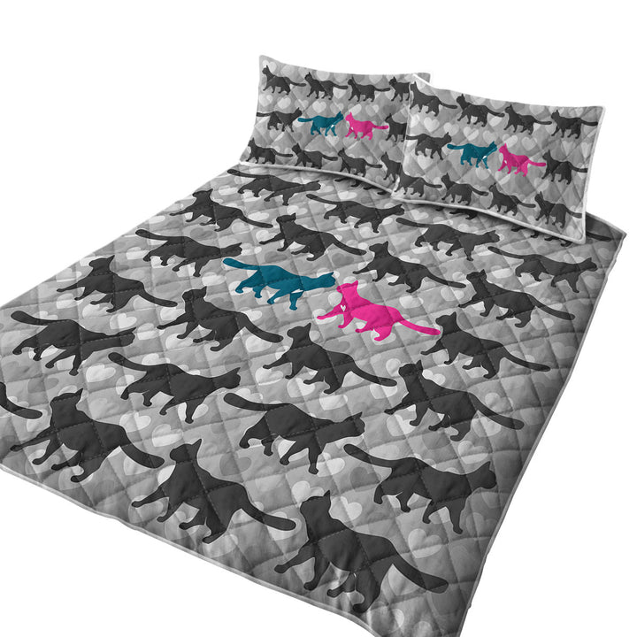 Romantic Cats Hearts and Cat Silhouettes King Size Bedspreads