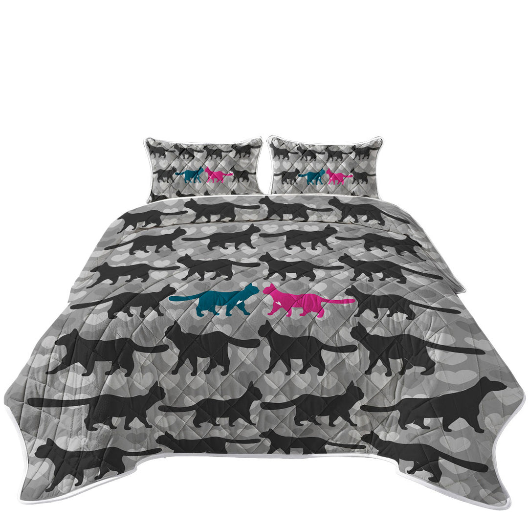 Romantic Cats Hearts and Cat Silhouettes Summer Quilt