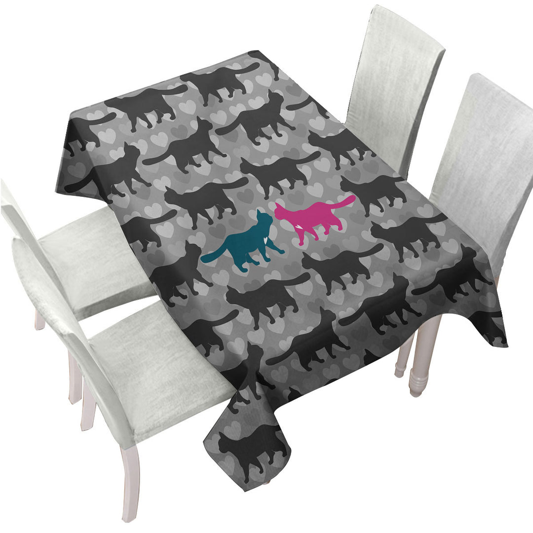 Romantic Cats Hearts and Cat Silhouettes Tablecloth