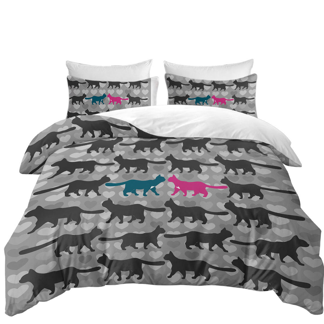 Romantic Cats Hearts and Cat Silhouettes full Size Duvet Cover