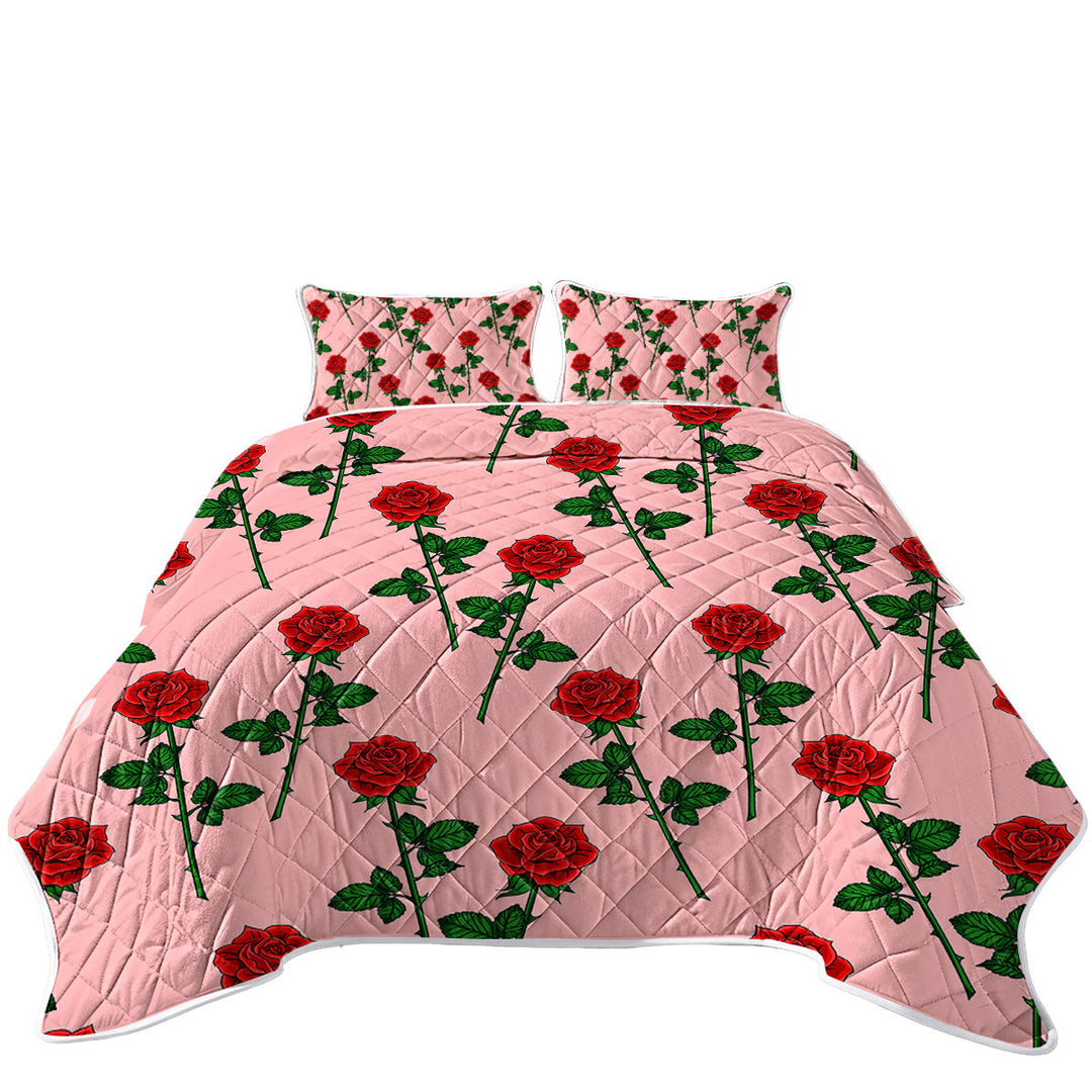 Roses Pattern over Pink California King Quilt Sets