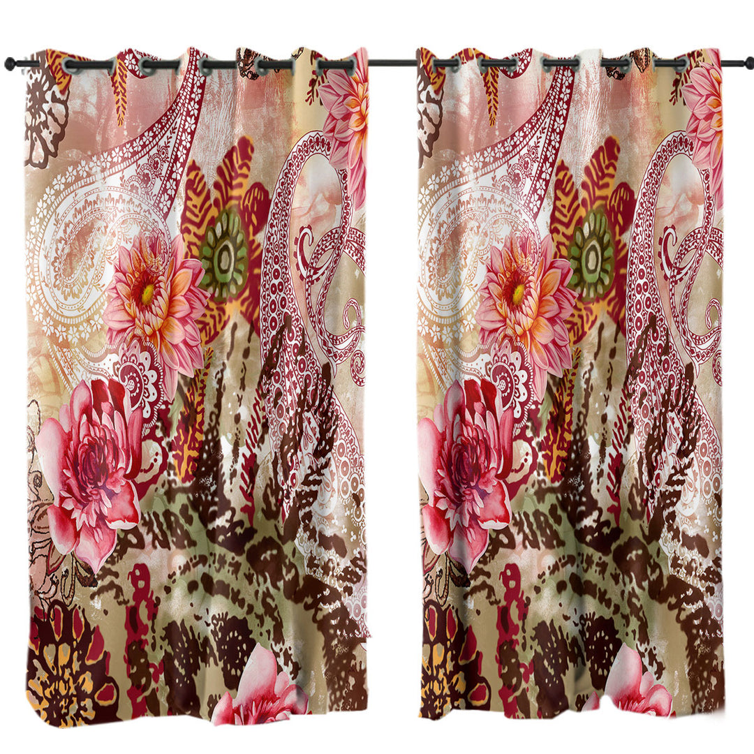 Rosy Oriental Flowers Curtains for Living Room