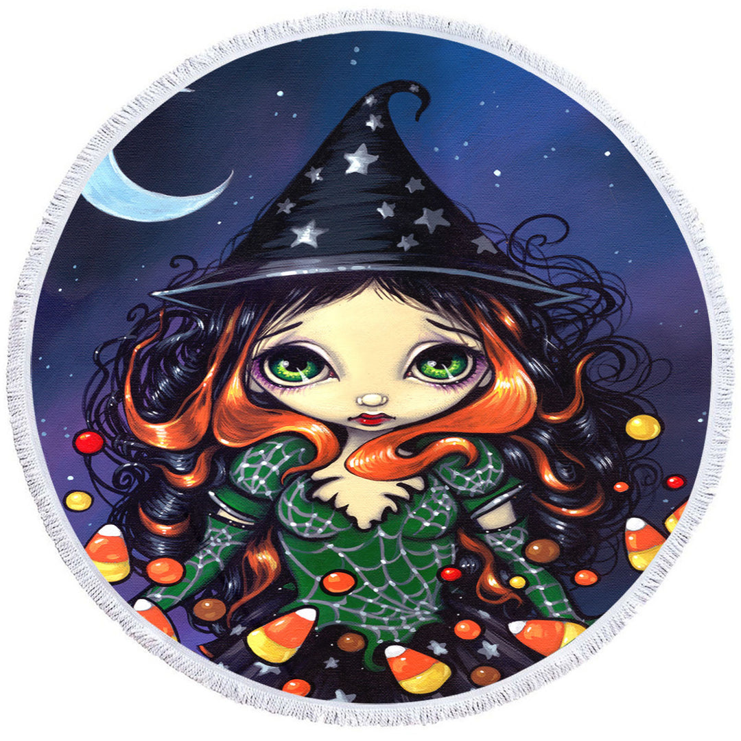 Round Beach Towel for Halloween Night the Little Candy Witch