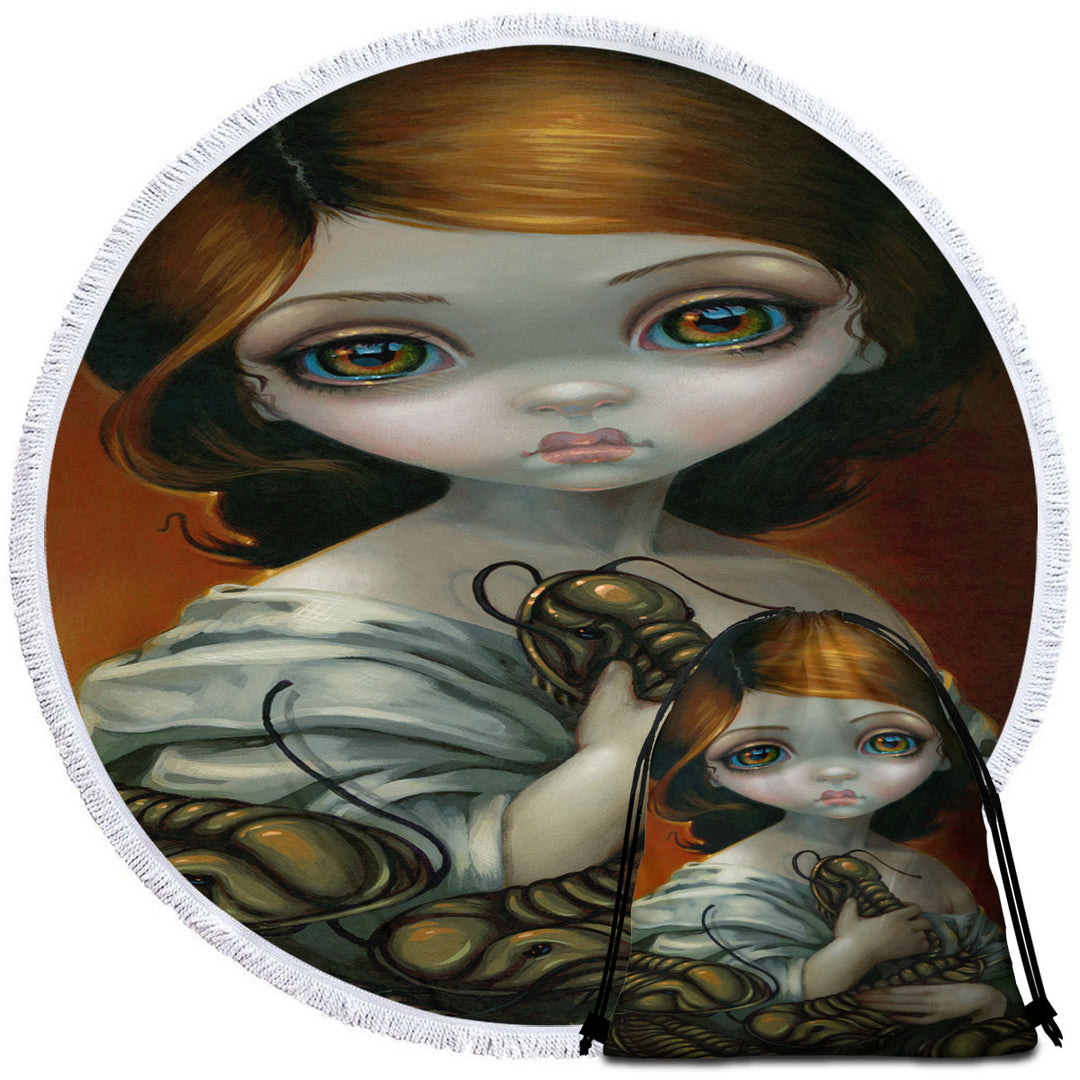 Round Beach Towel with Trilobites Prehistoric Creatures and Beautiful Girl