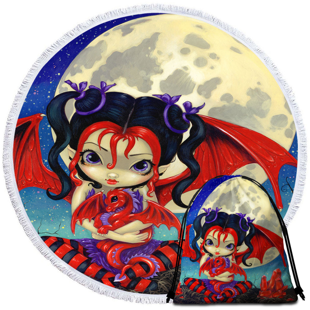 Ruby Moon Beach Towels and Bags Set Cute Fairy and Her Baby Red Dragon