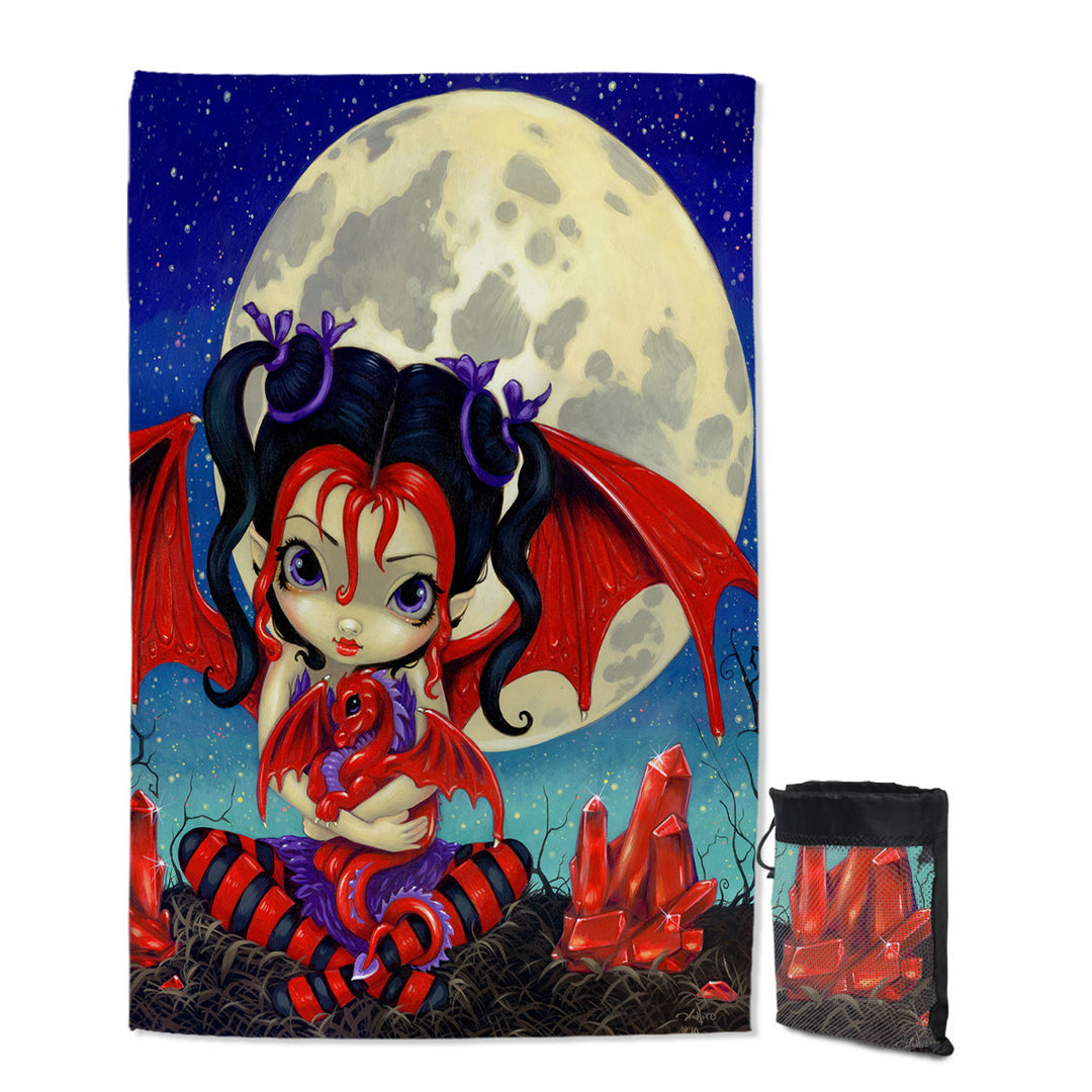Ruby Moon Quick Dry Beach Towel Cute Fairy and Her Baby Red Dragon