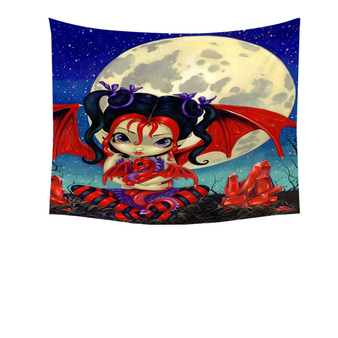 Ruby Moon Tapestry Cute Fairy and Her Baby Red Dragon