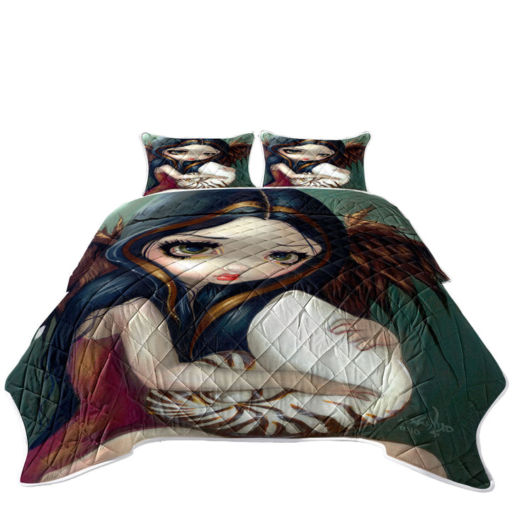 Sad Eyed Beautiful Girl Angel and Nautilus Shell Quilt