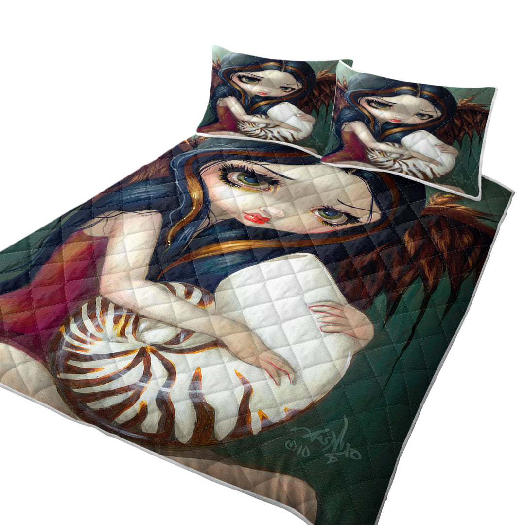 Sad Eyed Beautiful Girl Angel and Nautilus Shell Quilts