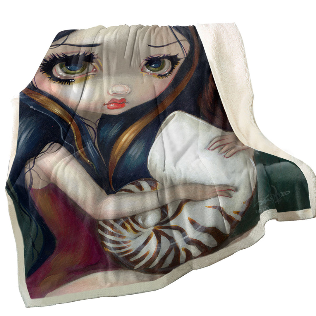 Sad Eyed Beautiful Girl Angel and Nautilus Shell Throws