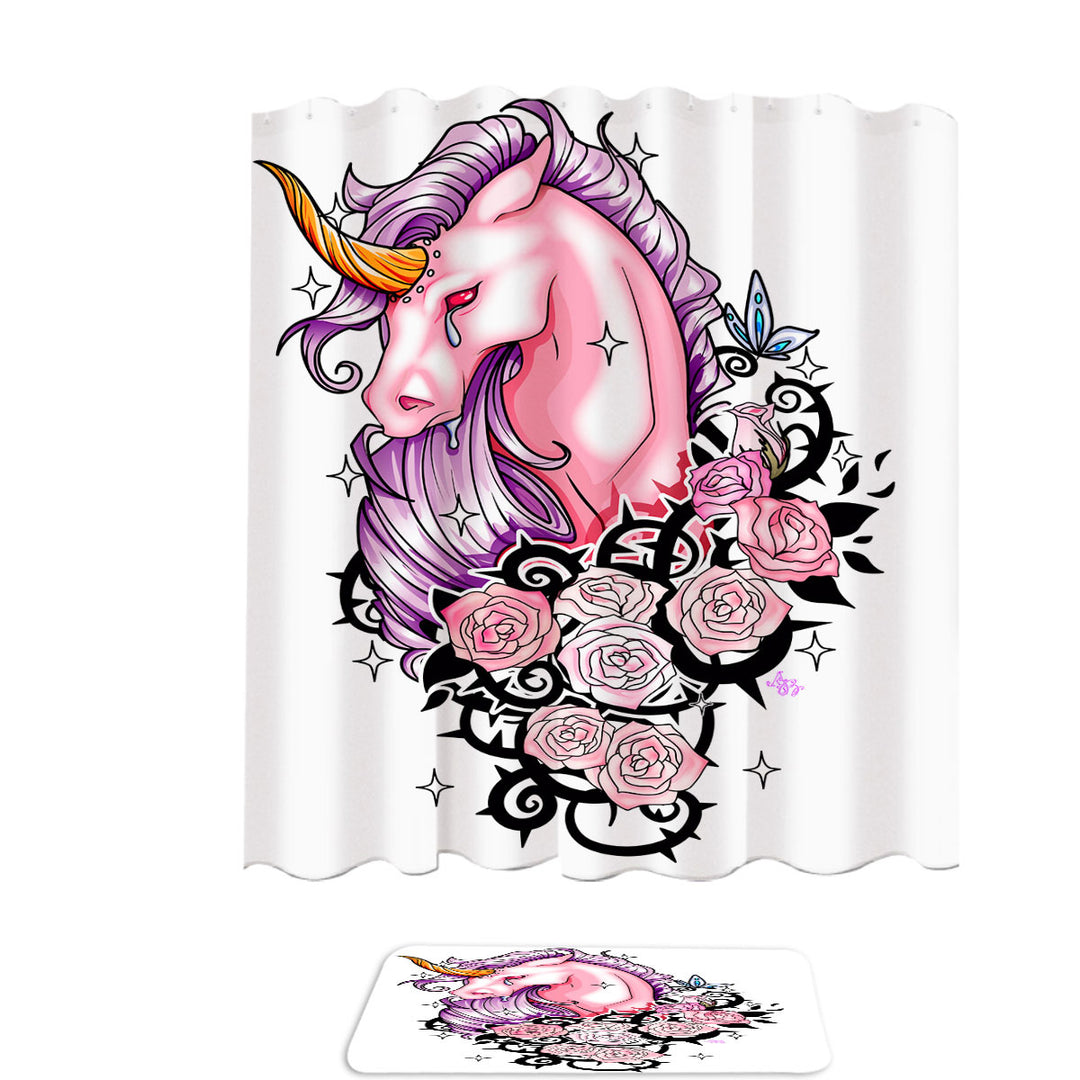 Sad Pink Unicorn and Roses Shower Curtain