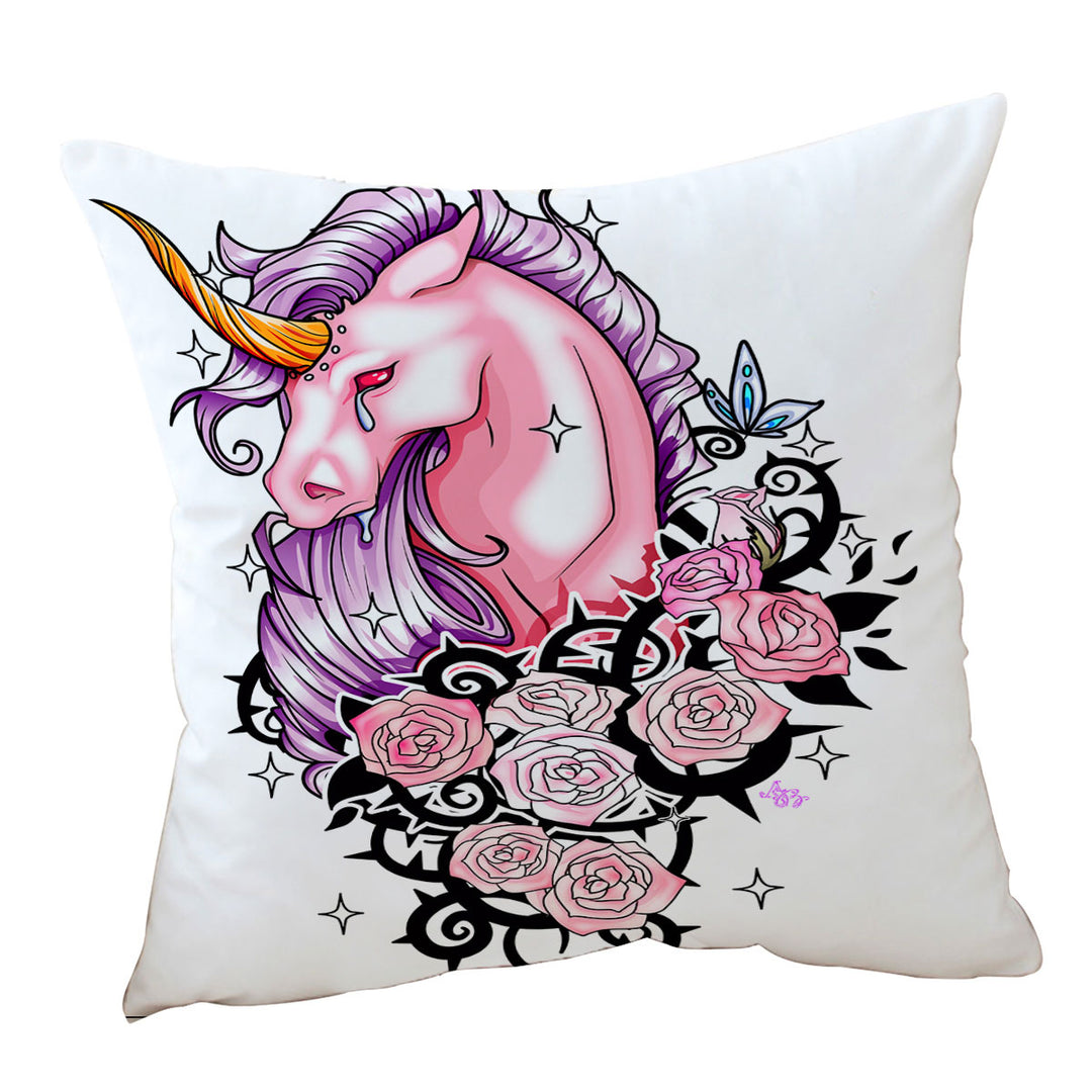 Sad Pink Unicorn and Roses Throw Pillow