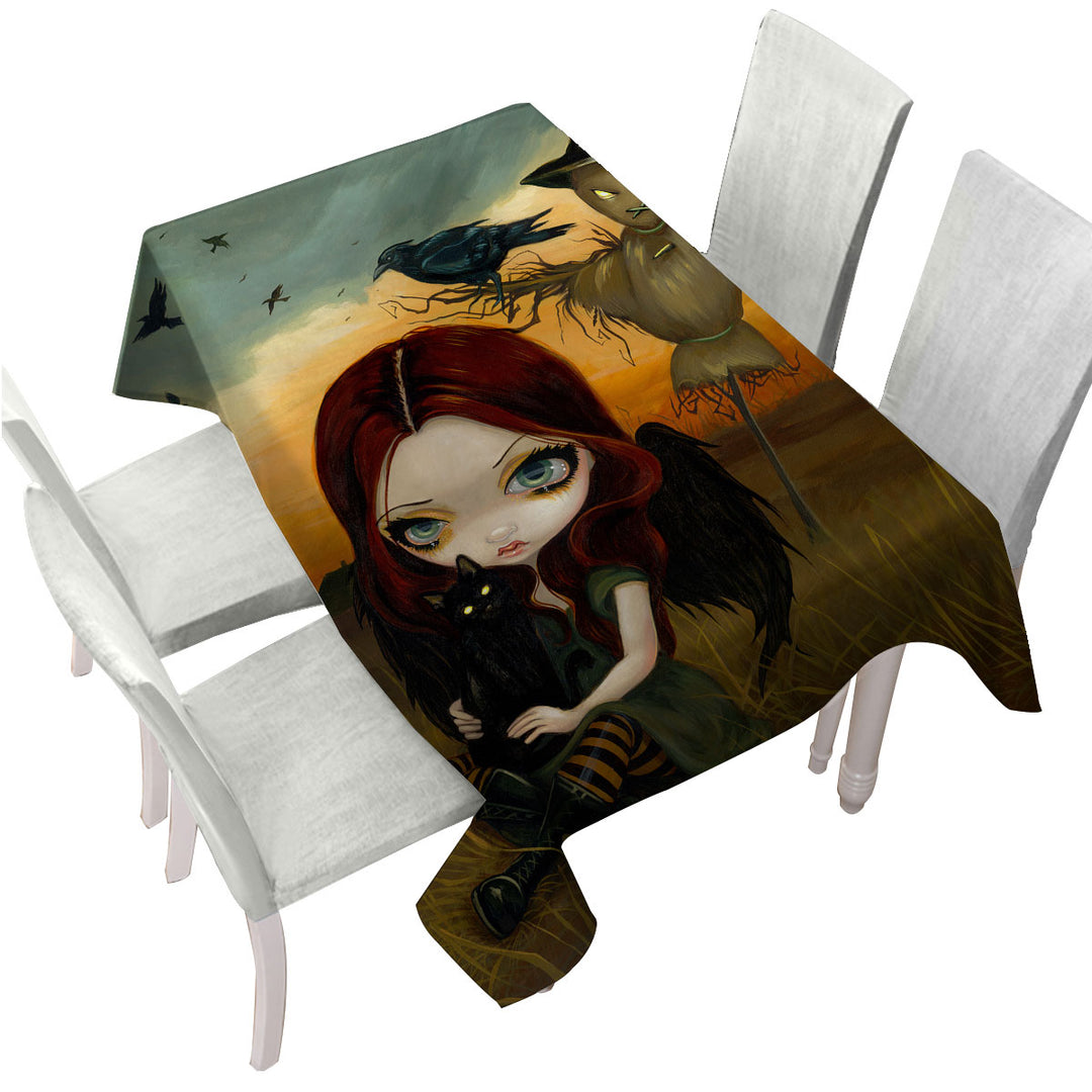 Scary Autumn the Scarecrow and Crow Winged Girl Tablecloths