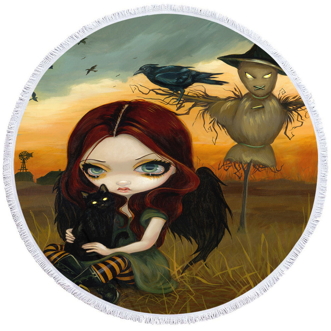 Scary Beach Towels on Sale Autumn the Scarecrow and Crow Winged Girl