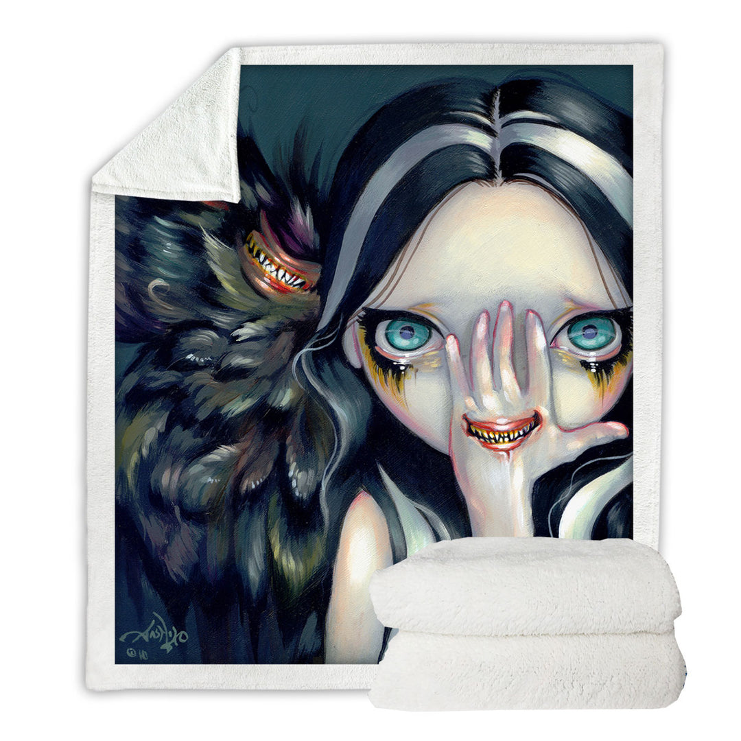 Scary Decorative Blankets Gothic Art Speak No Evil Yokai Demon Girl