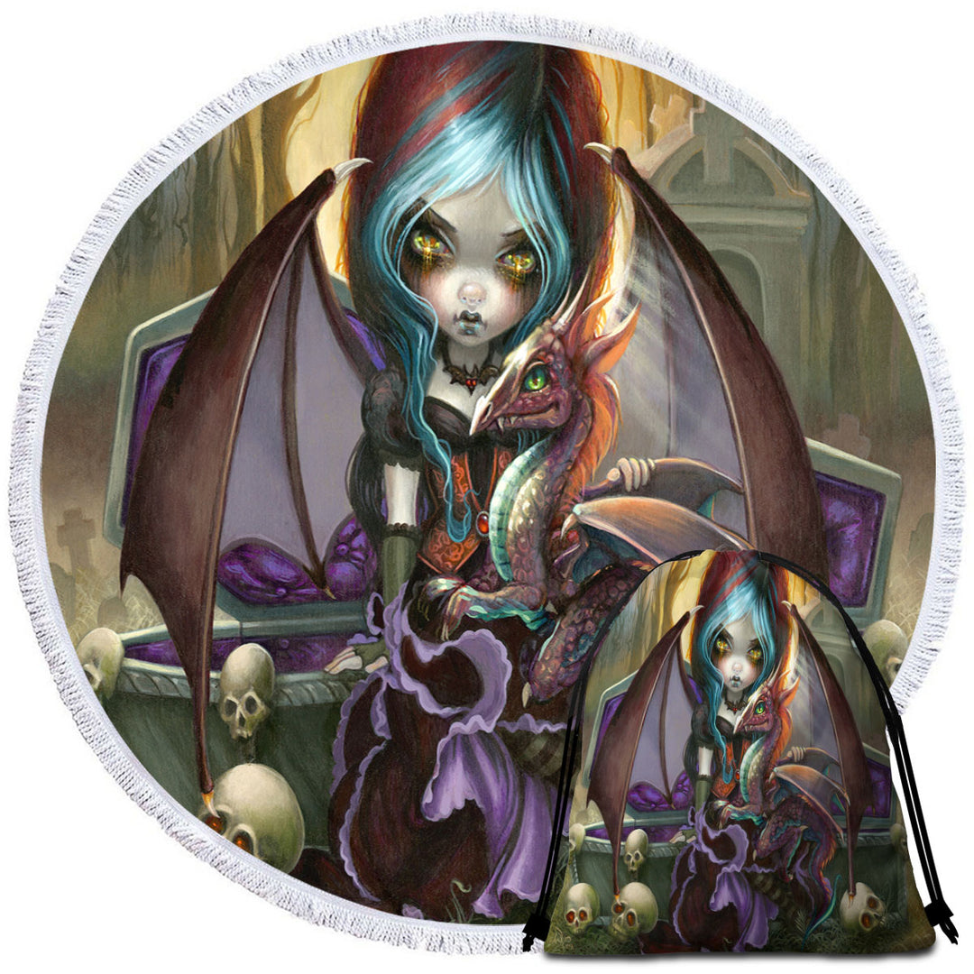 Scary Round Beach Towel Gothic Art Dragon Girl and Vampire Dragonling