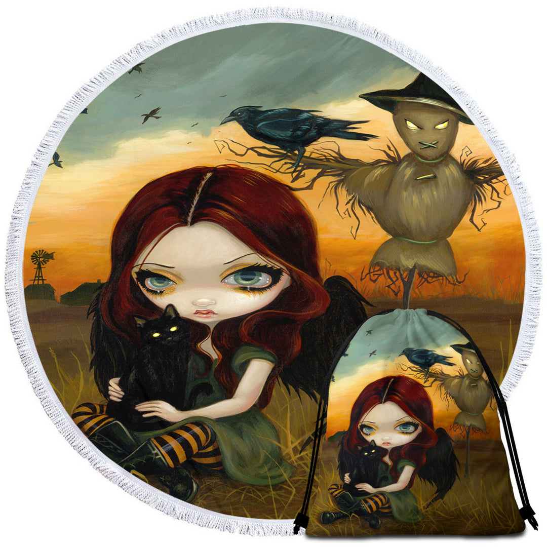 Scary Round Beach Towels Autumn the Scarecrow and Crow Winged Girl