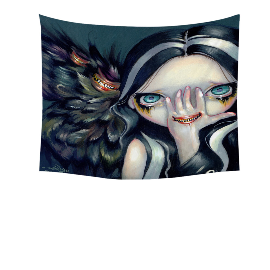 Scary Tapestry Gothic Art Speak No Evil Yokai Demon Girl