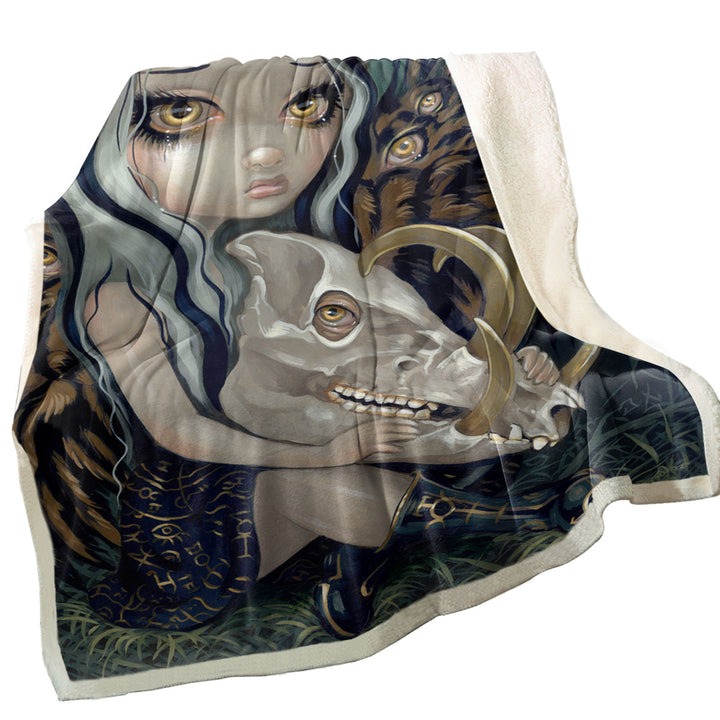 Scary Throw Blanket Fantasy Art Girl and Babirusa Skull
