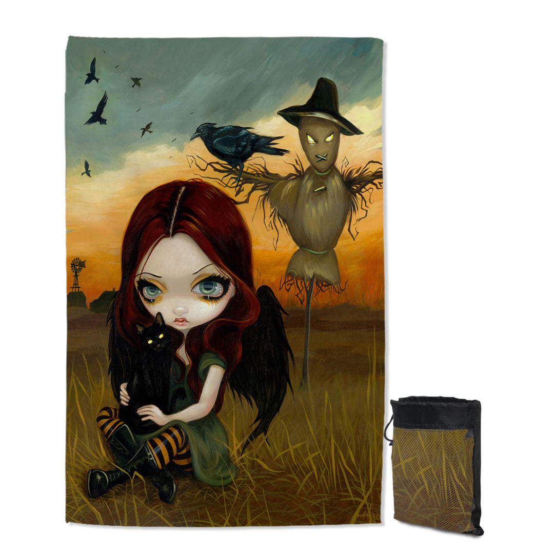 Scary Travel Beach Towel Autumn the Scarecrow and Crow Winged Girl