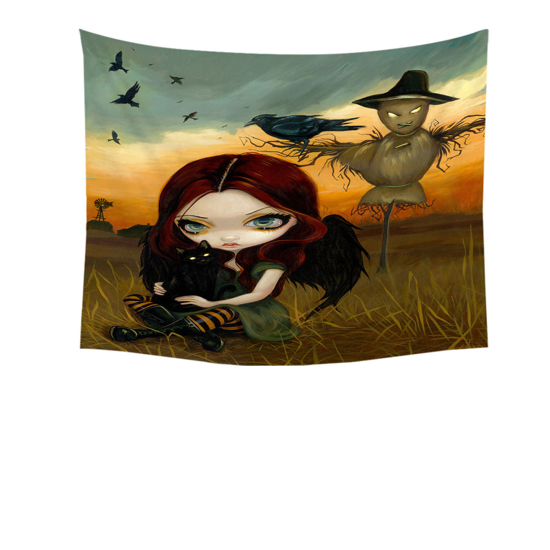 Scary Wall Decor Autumn the Scarecrow and Crow Winged Girl Tapestry