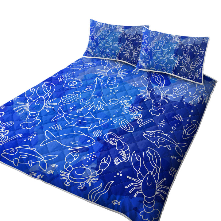 Seafood Pattern over Blue King Size Quilt Sets