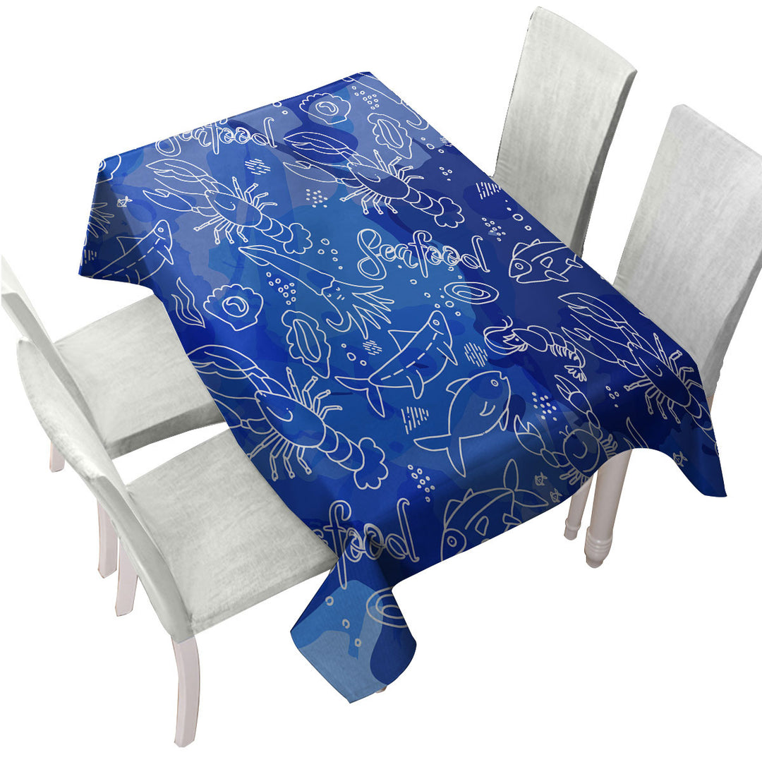 Seafood Pattern over Blue Tablecloth