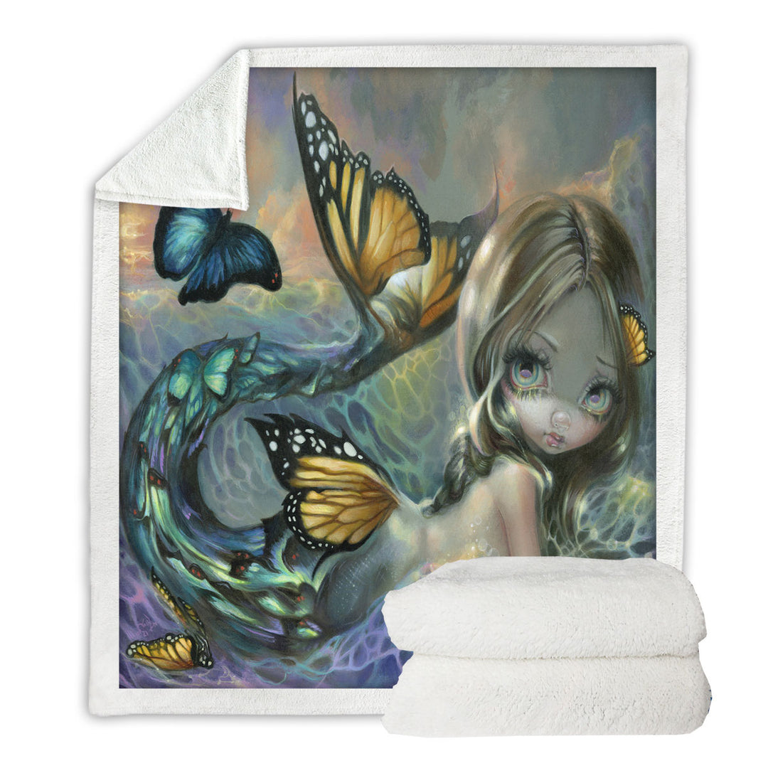 Sherpa Blanket of Mermaid and Butterflies Fantasy Painting Sea Monarch
