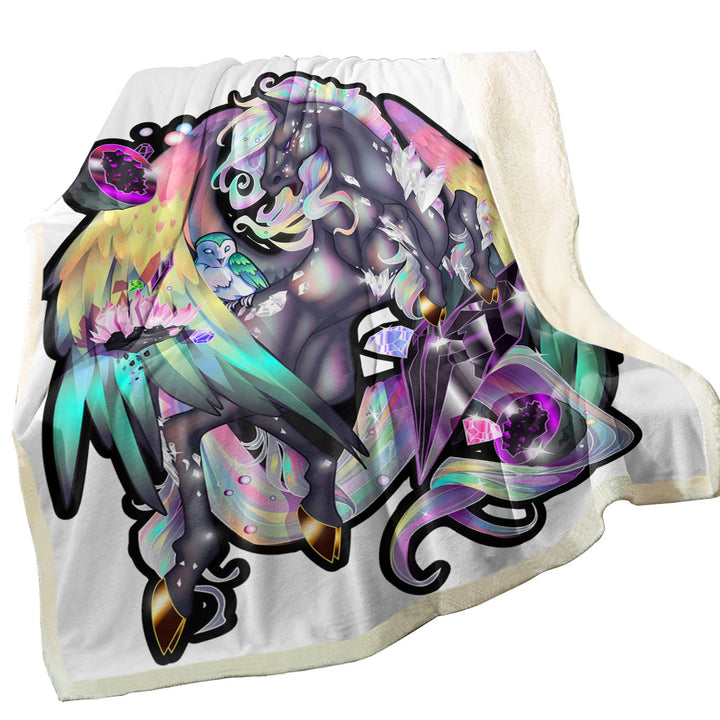 Sherpa Blanket with Fantasy Art Owl and Rudicorn